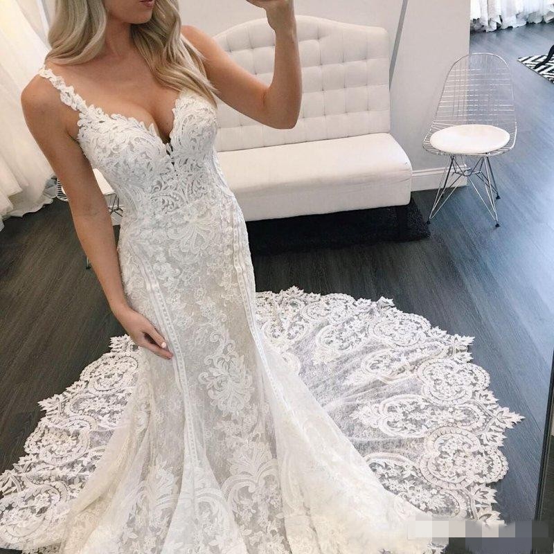Gorgeous Lace Applique Dresses Spaghetti Straps Chapel Train Mermaid Sexy Backless Custom Made Wedding Gown Vestido De Novia