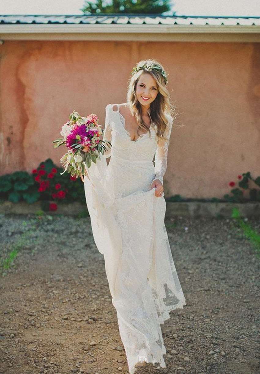 2020 Lace Boho Mermaid Wedding Dresses Illusion Long Sleeves Modest Backless Plus Size Country Reception Bridal Gowns