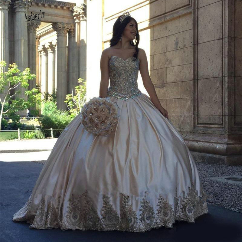 2020 Gold Lace Applique Sweet 16 Quinceanera Dresses Ball Gown Corset Beads Satin Masquerade Dress Plus Size Prom Gowns Vestidos 15 Anos