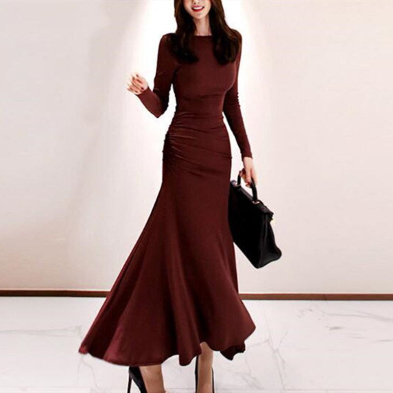 2020 autumn and winter new Korean version of the O-neck fashion waist pleated temperament goddess fan fishtail dress long dress, Burgundy
2020 autumn and winter new Korean version of the O-neck fashion waist pleated temperament goddess fan fishtail dress long dress, Burgundy
