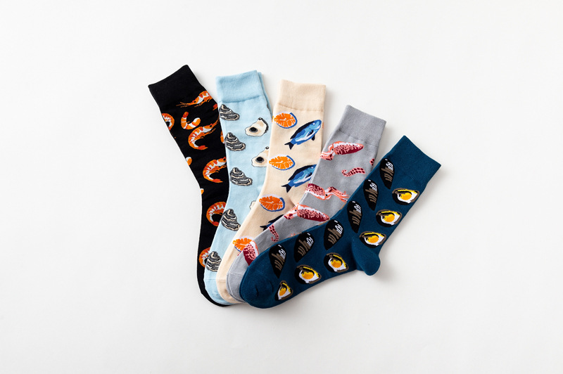 5 pair/lot men's socks novelty popular sea food animal fruit cartoon style colorful funny long socks for man causal dress