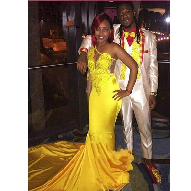 Yellow Color Sexy Cheap Prom Dresses African Black Girls Mermaid Long Sleeve One Shoulder Evening Party Gowns Plus Size Vestidos De Festa