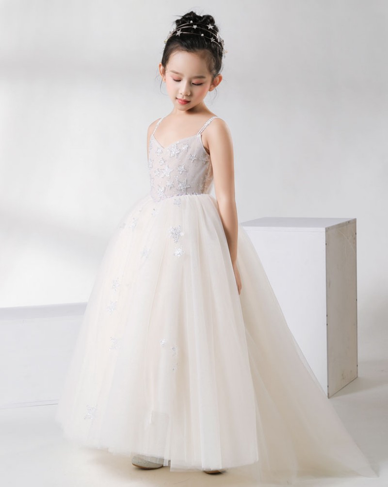 2019 Cute White Flower Girls' Dresses For Wedding Applique Tulle Princess Pageant Dress Floor Length First Holy Communion Dresses 2 pieces