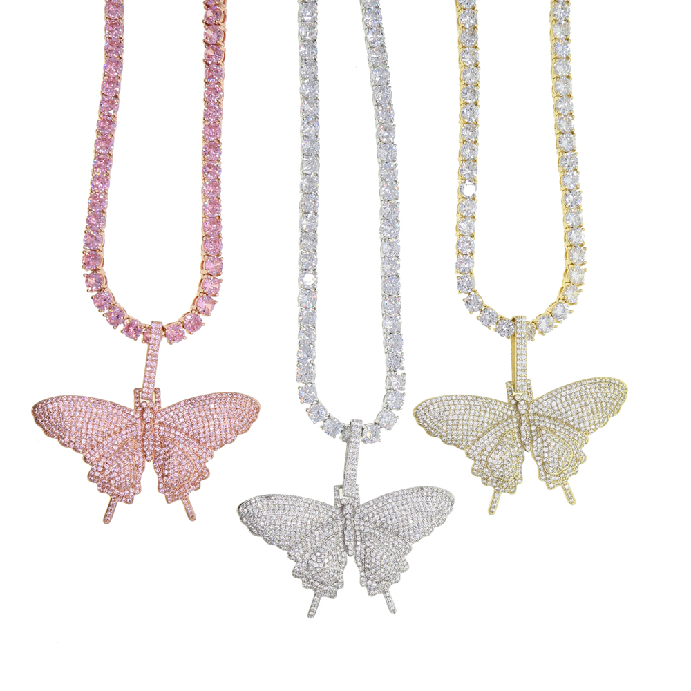 iced out sparking bling hip hop women men jewelry 5mm cz tennis chain gold silver pink cz butterfly necklace