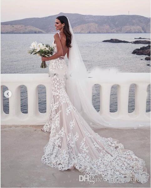 Beach Full Lace Mermaid Dresses Applique Spaghetti Deep V Neck Backless Sweep Train Wedding Dress Bridal Gowns vestidos de novia