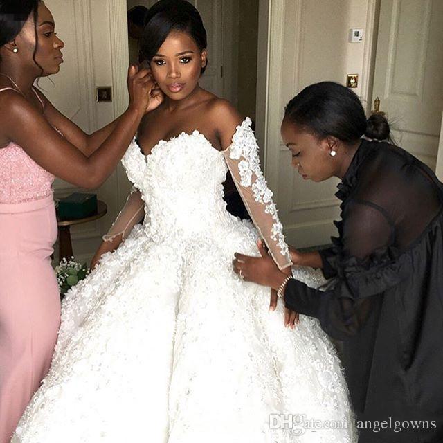 2019 Luxury Ball Gown Wedding Dresses Long Sleeve Off Shoulder Sweep Train Beads Wedding Dress Lace 3D Floral Appliqued African Bridal Gowns
