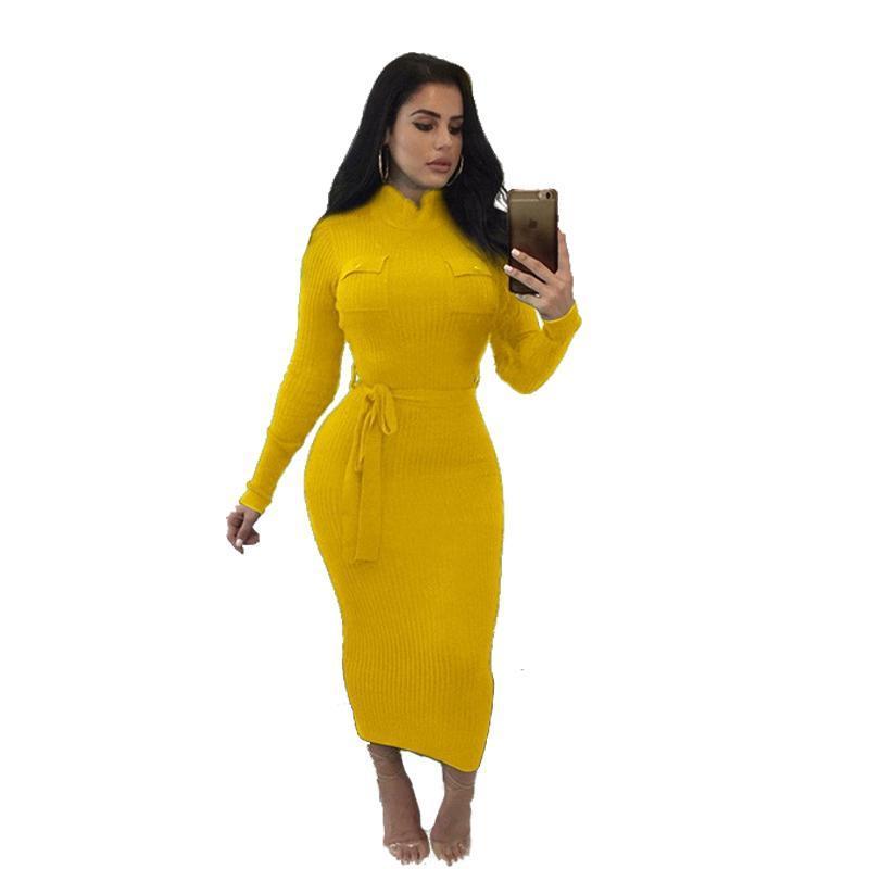 Knit Cotton Dress Print Autumn New Trend Lady Casual Yellow White Sheath Tight Waist Sashes Band Pockets Decoration Mid Calf Dresses