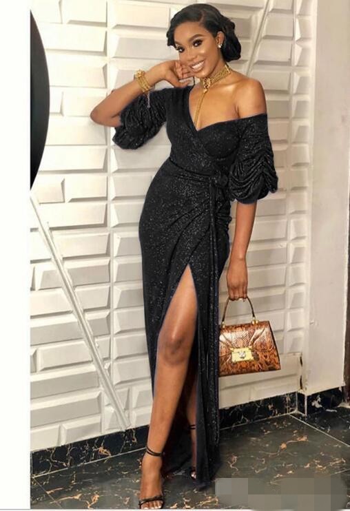 Sparkly Sequins Mermaid Evening Dresses Off the Shoulder Short Sleeves Ruched Pleats Floor Length Side Slit Plus Size Prom Party Gowns
