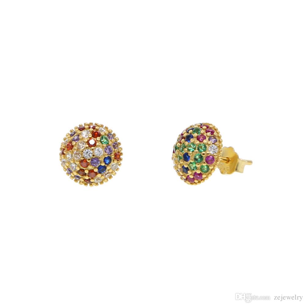 geometric ball round stud earring 2019 women fine 925 sterling silver colorful rainbow cz paved classic simple fashion jewelry