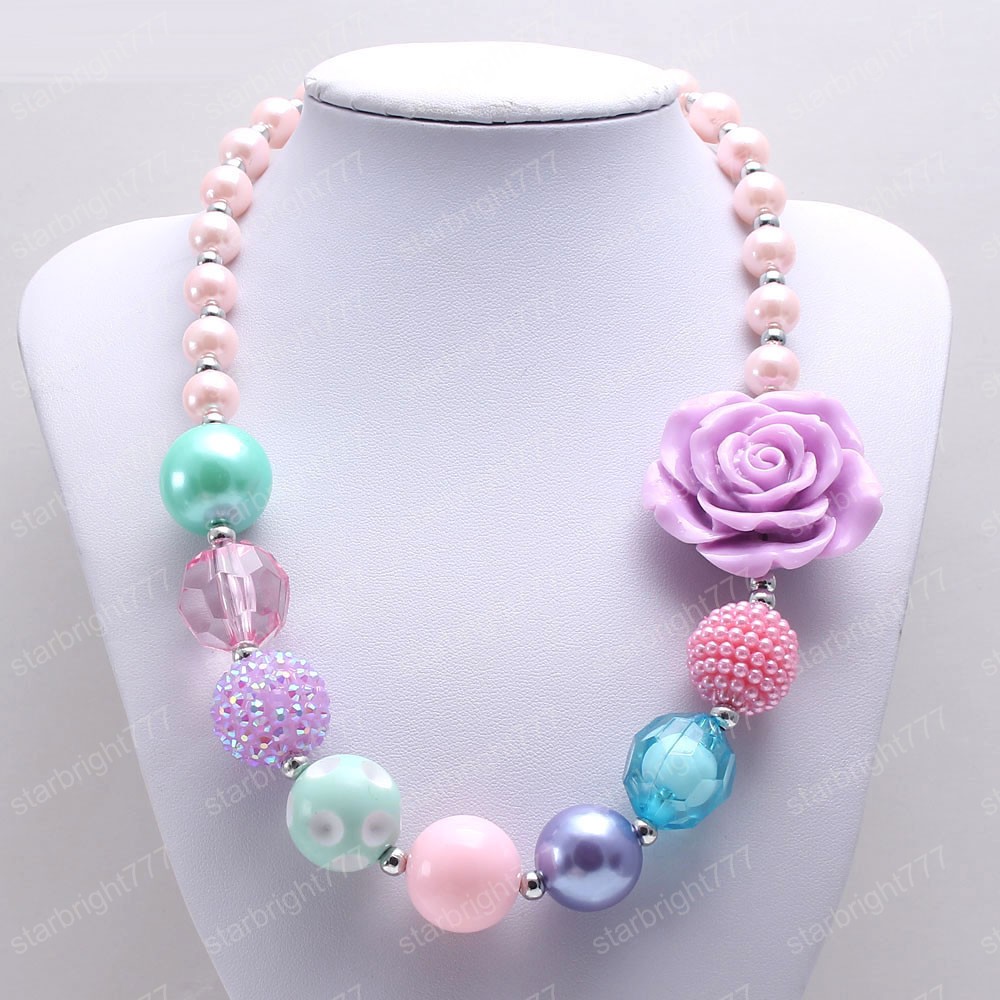 Spring color kids girls chunky beads necklace purple rose flower chunky bubblegum necklace charming jewelry for child