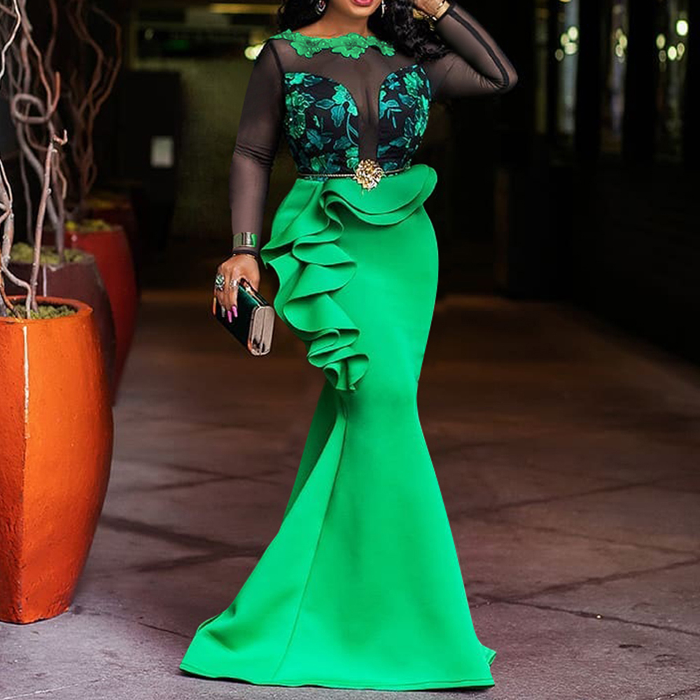 Mesh Transparent Elegant Long Party Dress Women Mermaid Plus Size African Ruffle Dinner Maxi Dresses Robe Femme Vestiods Sexy1