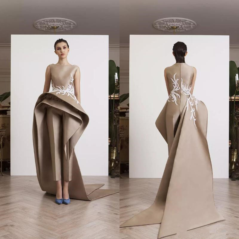 Krikor Jabotian Tan Prom Jumpsuit With Train 2019 Jewel Neck Ruffles Peplum Lace Stain Arabic Occasion Evening Jumpsuit Dresses Gown