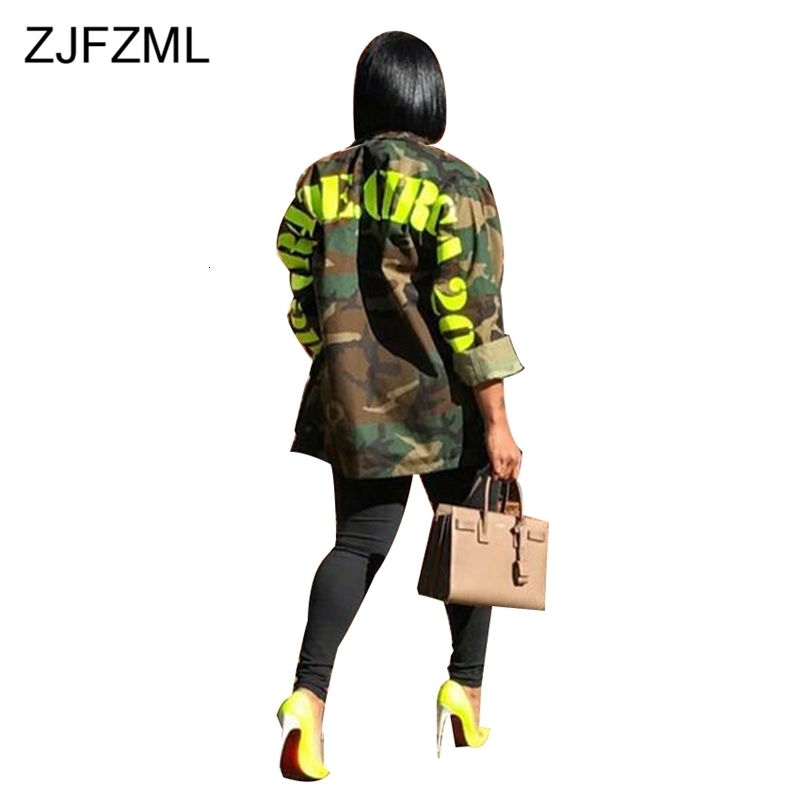ZJFZML Camouflage Print Casual Jackets Women Turn-Down Collar Full Sleeve Coat Streetwear Army Green Letter Outwear Open Stitch Y191014