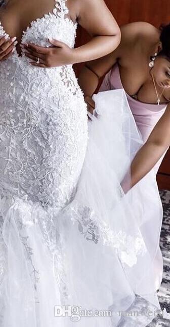2020 African Floral Lace Mermaid Wedding Dress Plus Size Appliques Spaghetti Straps Sleeveless Bridal Gowns
