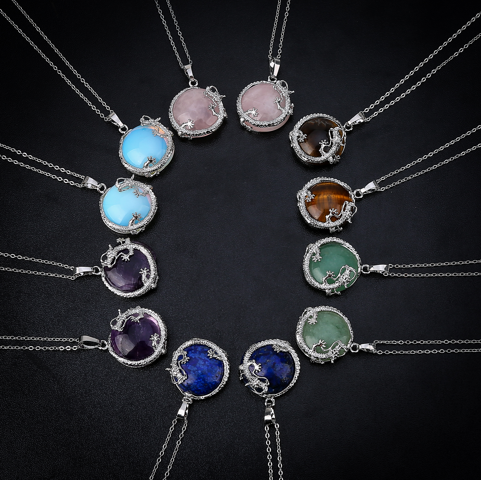 12 random stone alloy plate dragon gemstone pendant men and women necklace stainless steel gift box packaging Easter gift