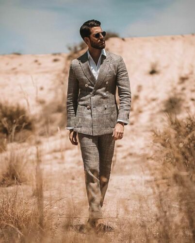 Classic Plaid Men Wedding Suits British Style Double Breasted Notched Lapel Tuxedos Formal Work Prom Office Business Blazer(Jacket+Pants)