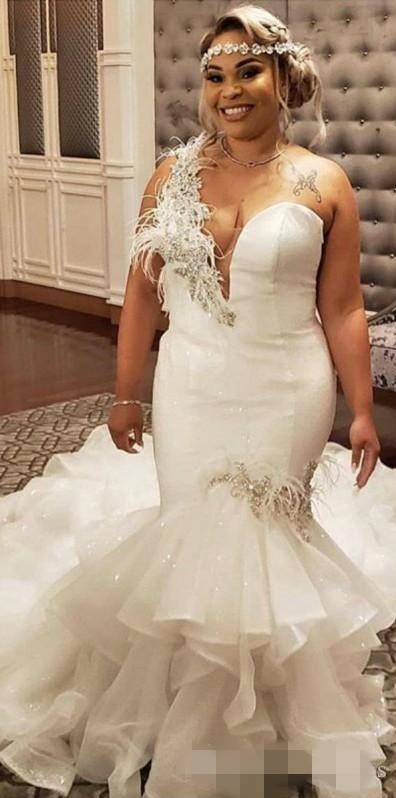 Plus Size Dresses One Shoulder Mermaid Chapel Train Tiered Organza Skirt Beaded Crystal Feather Illusion Back Wedding Gown