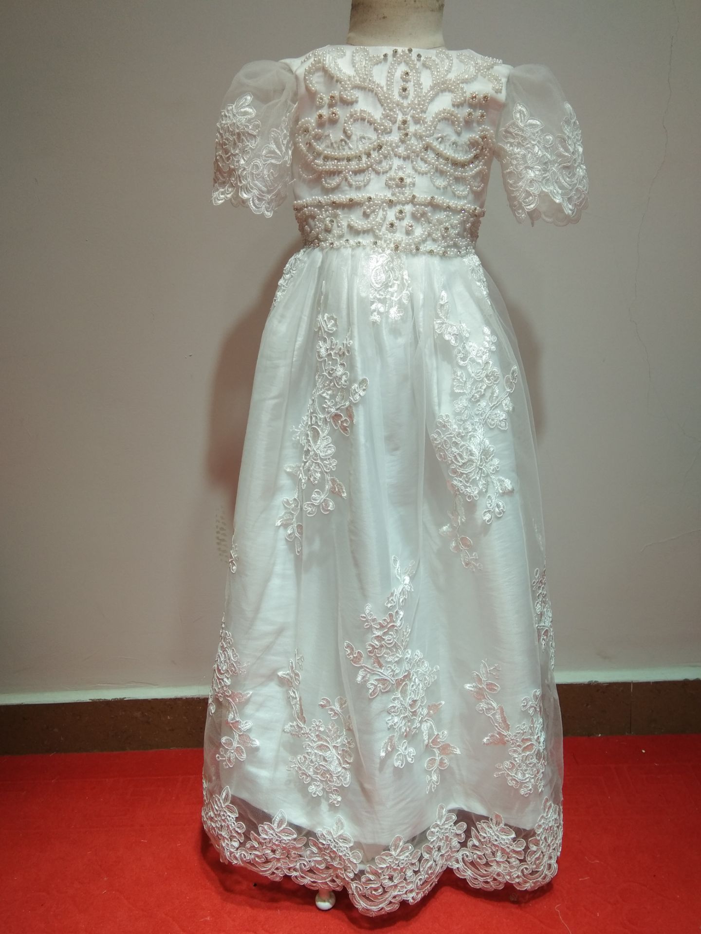 Pearls Lace Christening Gowns For Baby Girls Jewel Neck Lace Appliqued Baptism Dresses First Communication Dress With Bonnet