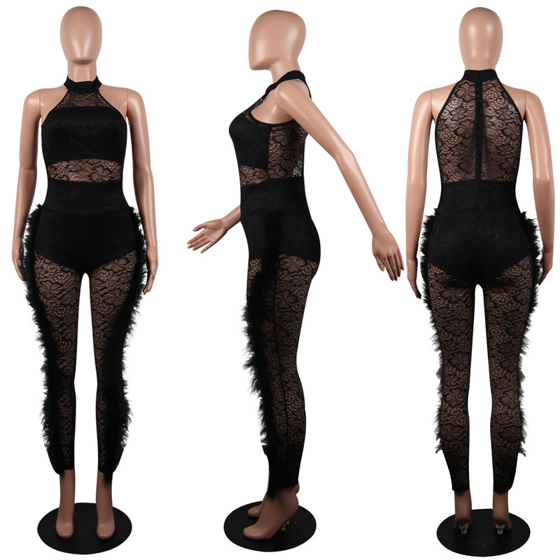 Plus size Women feather sheer white black Jumpsuits fashion mesh bodysuits sexy skinny leggings Casual fashion sleeveless Overalls 2565
