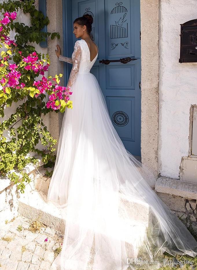 Country Style 2020 Long Sleeve Jumpsuits Wedding Dresses With Detachable Train Backless Vestido De Noiva Boho Lace Wedding Bridal Gowns