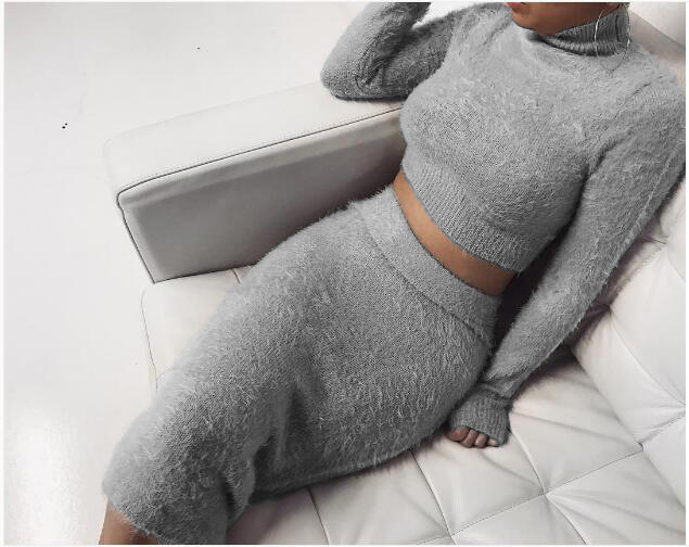 Echoine Women Party Sweaters Skirts Outfits Solid Long Sleeve Bodycon Stretch Casual Female Knitted Sweater Tops Skirt 2PCS Sets