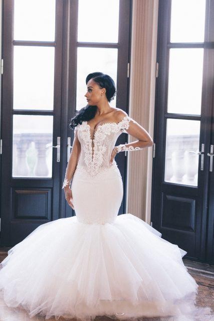 Sexy African Arabic Mermaid Wedding Dresses Off Shoulder Keyhole Long Sleeves Lace Appliques Illusion Plus Size Tulle Formal Bridal Gowns, White
Sexy African Arabic Mermaid Wedding Dresses Off Shoulder Keyhole Long Sleeves Lace Appliques Illusion Plus Size Tulle Formal Bridal Gowns, White