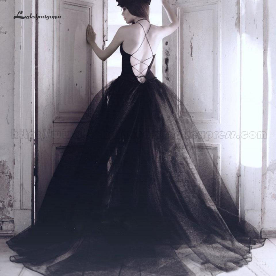 Custom Made Wedding,Gothic Black Wedding Dress A Line Tulle Bridal Gown Open Back Simple Elegant Mariage 0521