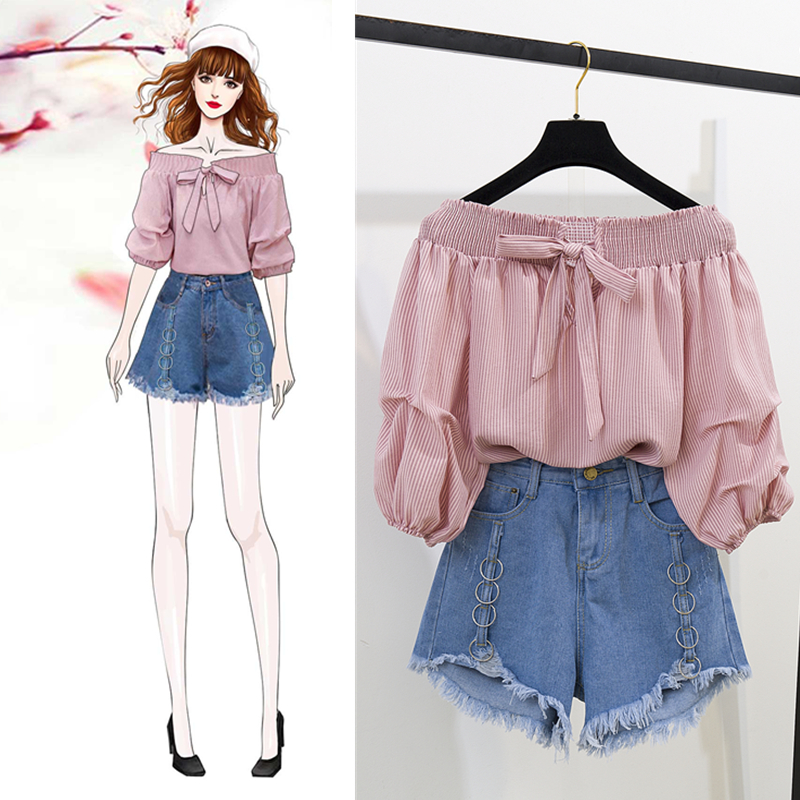 Summer New Off Shoulder Loose Half Lantern Sleeve Solid Cute Blouse Jean Shorts Two-Piece Outfit Casual Sets T200622