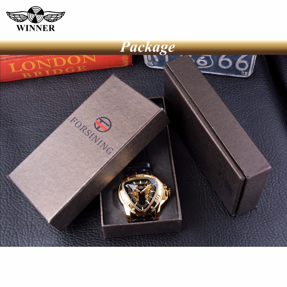 Winner Steampunk Fashion Triangle Golden Skeleton Movement Mysterious Men Automatic Mechanical Wrist Watches Top Brand Luxury CJ191213