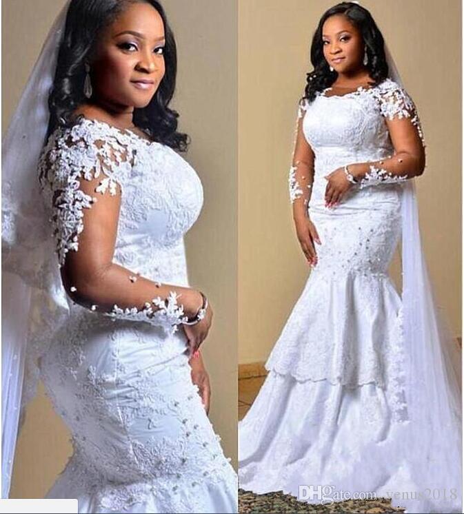 Modest Plus Size Dresses Saudi African Appliques Beads Illusion Mermaid Bridal Gowns Jewel Neck Long Sleeve Vintage Wedding Vestidos