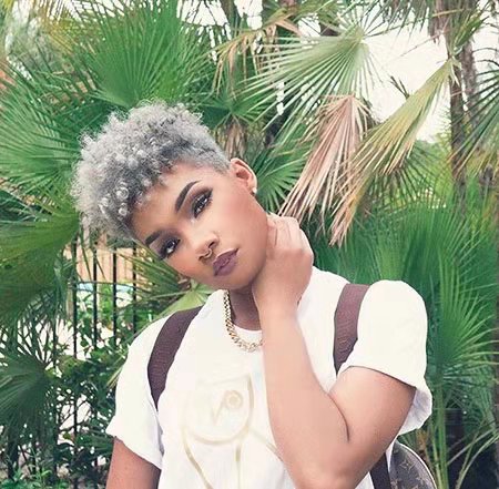Cute Woman grey hair topper extension silver grey afro puff kinky curly drawstring human hair ponytails clip in real hair 120g