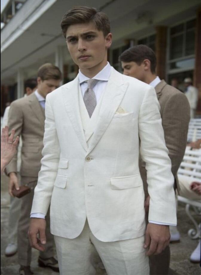 Ivory White Linen Men Suits Skinny Beach Suits Blazer Custom Made 3 Pieces (Blazer+Pant+Vest) Wedding Groom Tuxedos