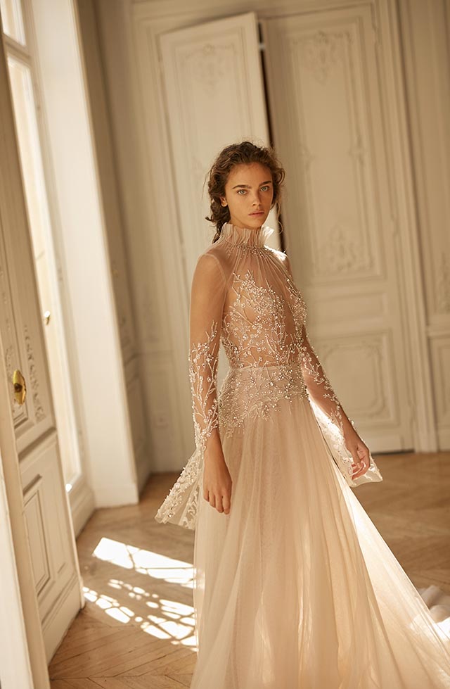 Liz Martinez Beading Wedding Dresses Sheer Long Sleeve High Neck Illusion Bridal Gowns Luxury Beads Sparkly A Line Beach Wedding Dress