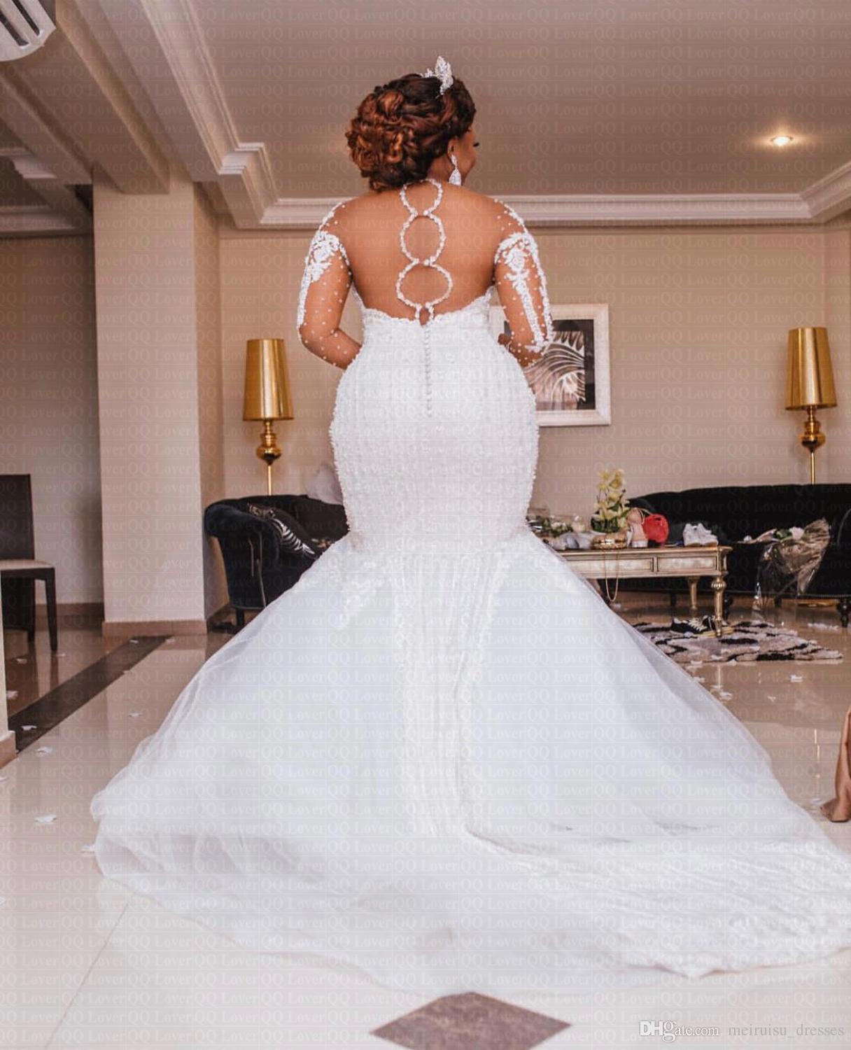 African Plus Size Mermaid Dresses Lace Appliqued Long Sleeve Arabic Bridal Gowns Sweep Train Country Wedding Dress
