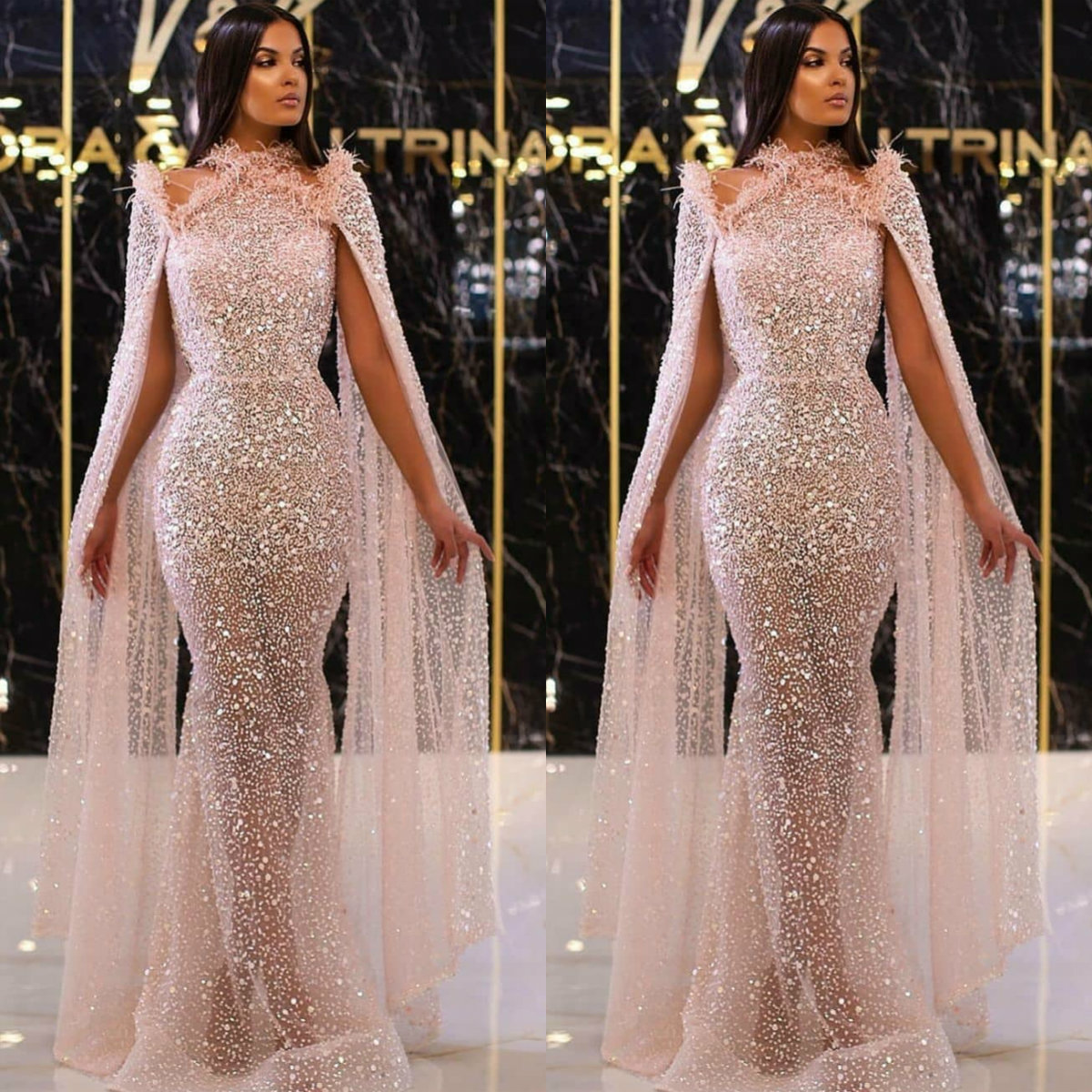 See Through Mermaid Prom Dresses with Cape Sequined Feather Illusion Evening Gowns 2020 Custom Made Celebrity Dress