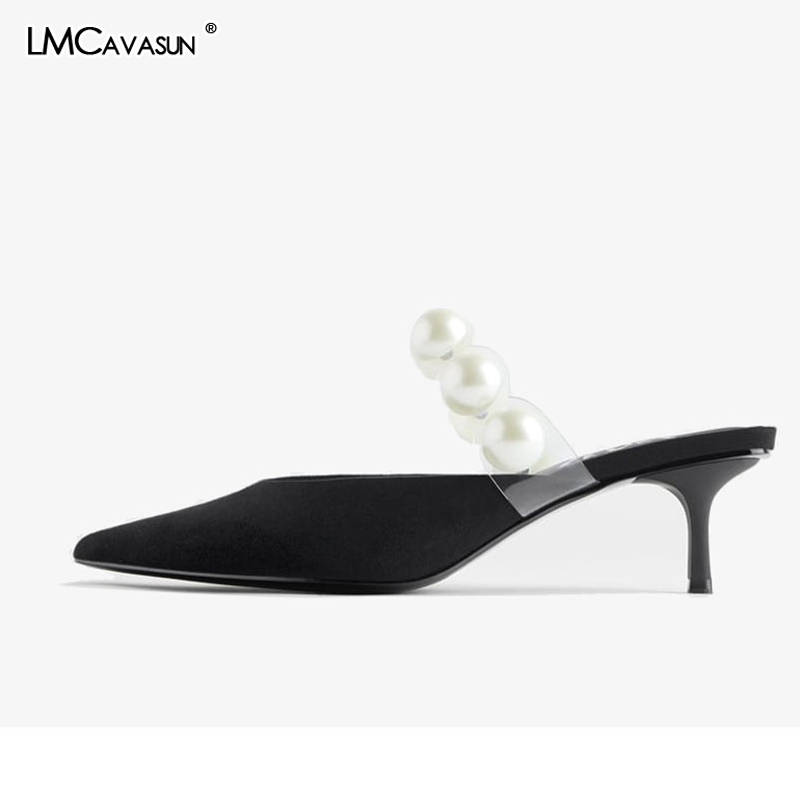 LMCAVASUN New pearl pointed toe women mules thin heel slip on outside women slippers, Black
LMCAVASUN New pearl pointed toe women mules thin heel slip on outside women slippers, Black
