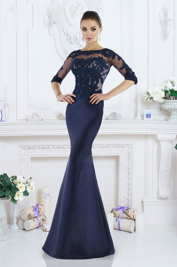 Navy Blue Janique Mermaid Mother of The Bride Dresses Jewel Half Sleeve Lace Applique Wedding Guest Dress Sweep Train Evening Gowns