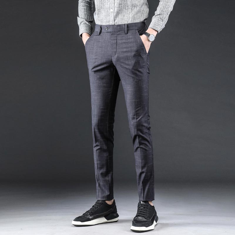 2019 Summer Suit Plaid Pants Men Business Slim Fit Mens Trousers Zipper Formal Mens Skinny Dress Pants Pantalones Hombre Vestir