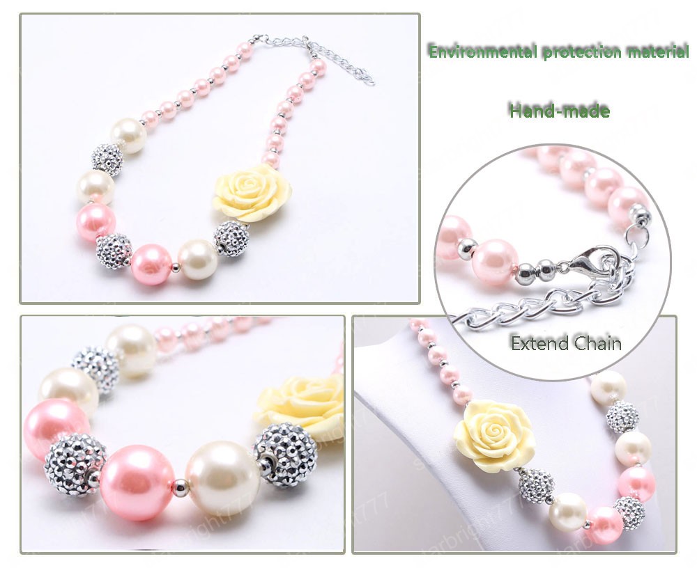 Child Girls Chunky Beads Necklace Fashion Rose Flower Chunky Necklace Jewelry For Baby Kids Sweetly Design Birthday Gift