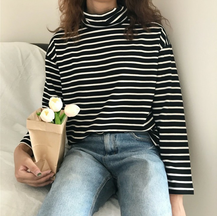 Spring And Autumn Long Sleeve Turtleneck Striped Casual T Shirt Loose Pullover Regualr Tops Female Cloths