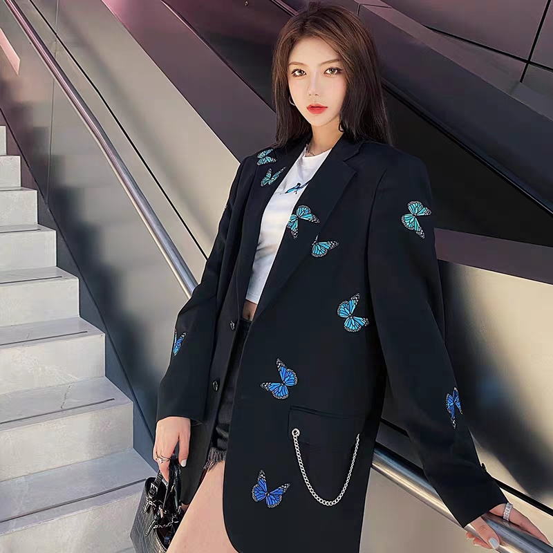 Women's Jackets Fashion Blue Butterfly Female Chain Decorative Embroidery Mid-length Suit Jacket, Black
Women's Jackets Fashion Blue Butterfly Female Chain Decorative Embroidery Mid-length Suit Jacket, Black