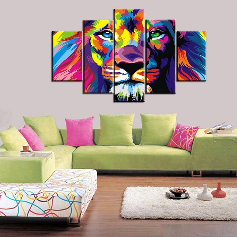5pcs/set Colourful Lion Wall Art Oil Painting On Canvas (No Frame) Animal Textured Abstract Paintings Picture Living Room Decor