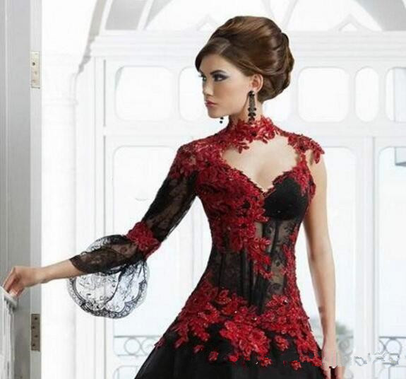 Vintage Black and Red Victorian Gothic wedding dresses Masquerade Halloween 2019 Keyhole High Neck Long Sleeve bridal gowns