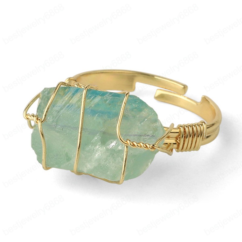 Natural Stone Irregular Wire Wrap Women Rings Healing Purple Crystal Fluorite Gold-color Resizable Fashion Finger Ring