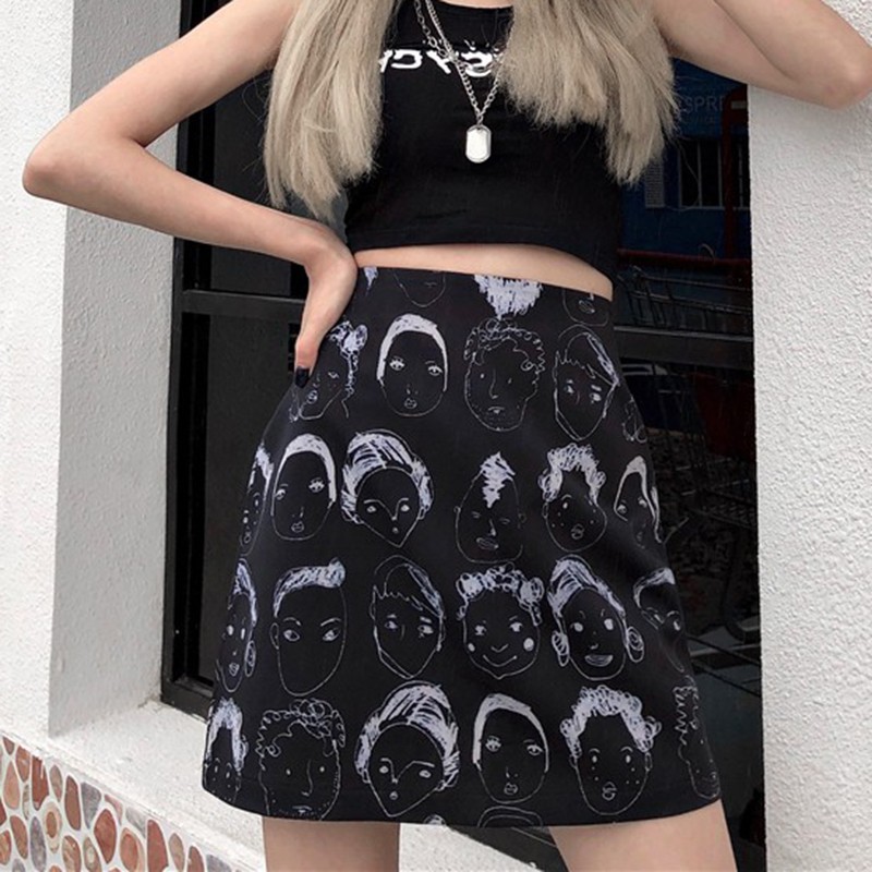 Women Chic Gothic Mini Skirts Fashion Characters Printed Sexy High Waist Slim A-line Mini Skirts, Black
Women Chic Gothic Mini Skirts Fashion Characters Printed Sexy High Waist Slim A-line Mini Skirts, Black