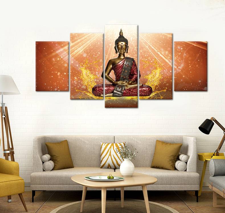 Canvas Pictures Modern 5 Pieces Buddha And Abstract Painting Modular Home Living Room Wall Decor Art Posters No Frame