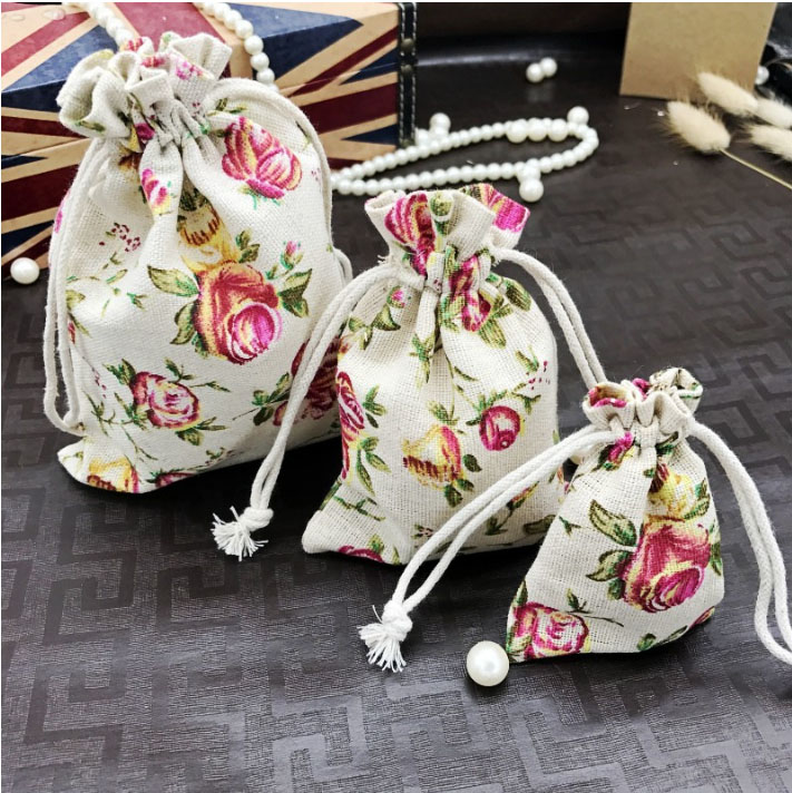 Rose Flower Linen Jewelry Gift Bag 9x12cm 10x15cm 13x17cm pack of 50 Birthday Party Wedding Drawstring Pouch sack
