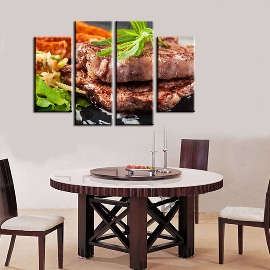4pcs/set Unframed Steak and Vegetables Food HD Print On Canvas Wall Art Picture For Home and Living Room Decor
