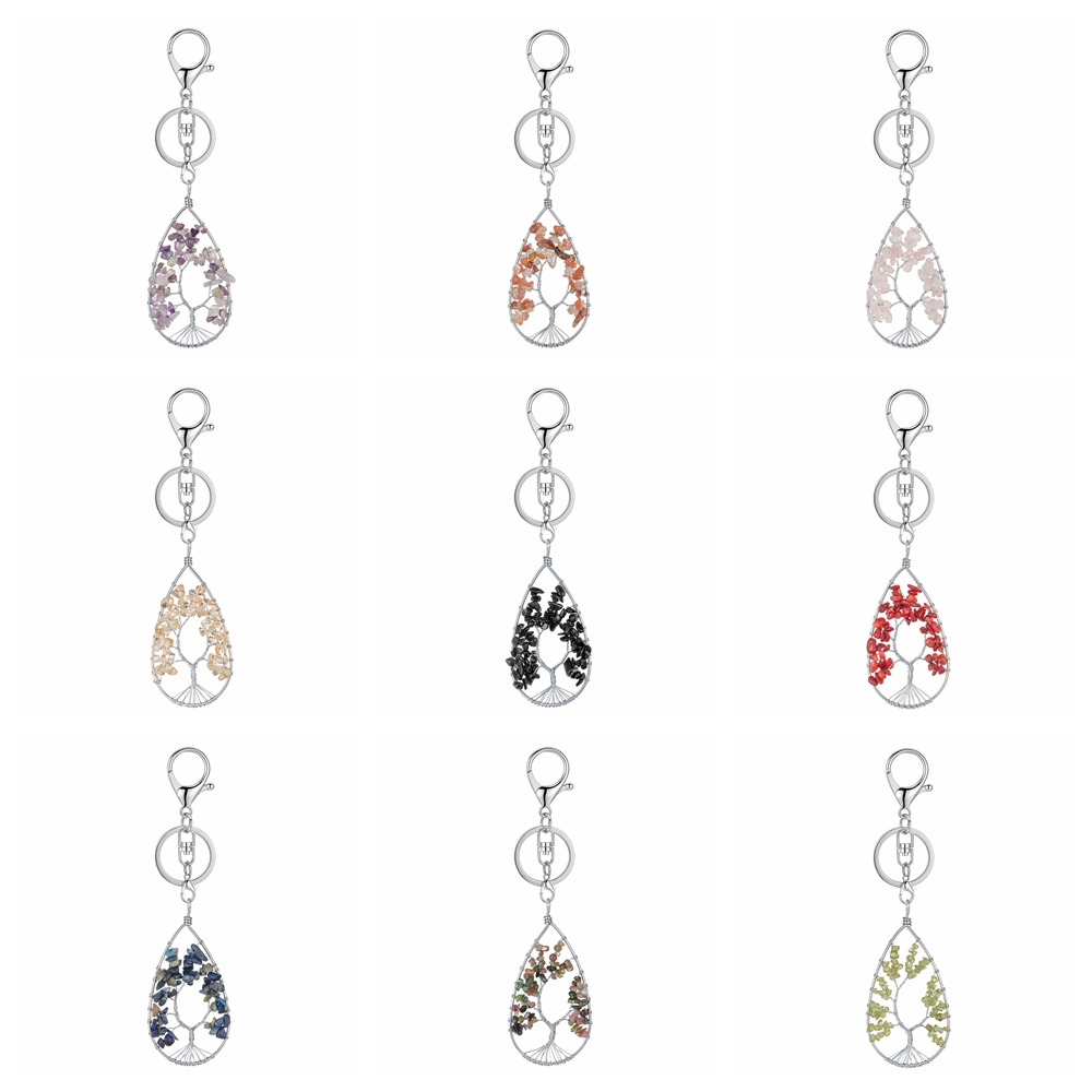 12PCS Handmade Wire Wrapped Chip Stone Life of Tree Pendant Keychain 7 Chakras Healing Crystals Key Ring Chain for Women Car Door