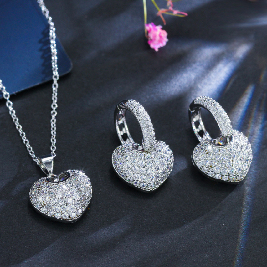 2019 New Arrival Top Selling Luxury Jewelry 925 Sterling Silver&Rose Gold Fill Pave White Topaz CZ Diamond Earring Necklace For Women Gift